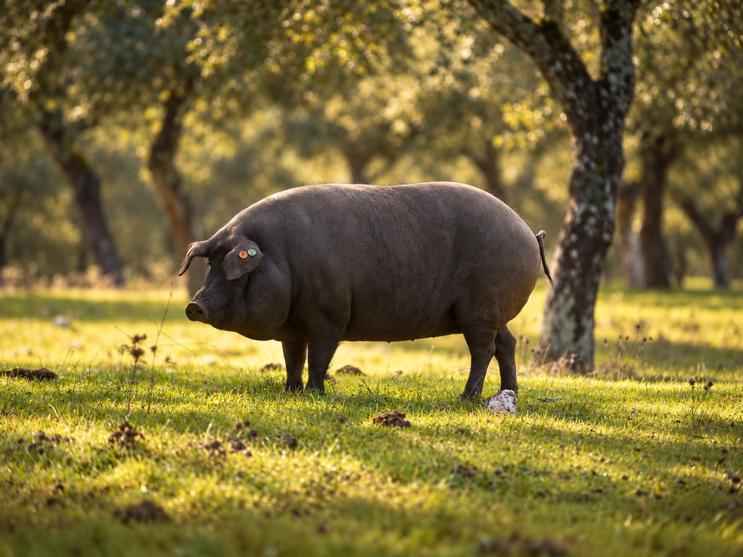 Cerdo ibérico bajo encinas