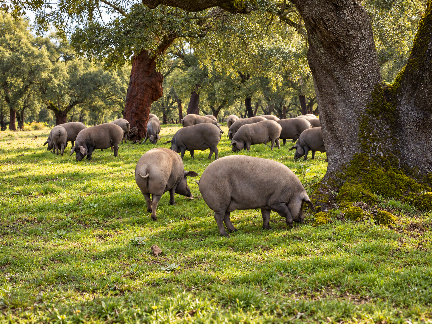 Cerdos ibéricos pastando bajo las encinas